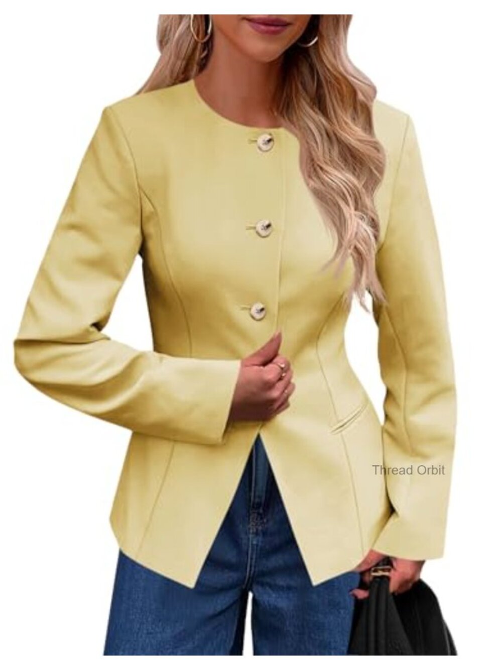 Womens Collarless Split Hem Fitted Blazer Button Down Cre